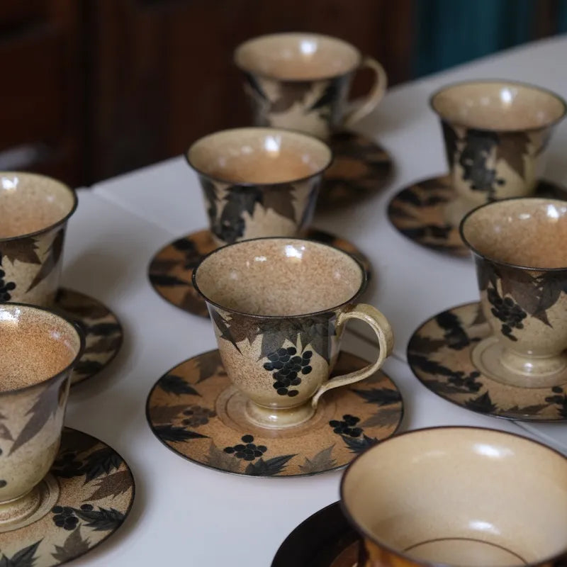 Kilnora Shisō cup and saucer set with blue-and-white grape Chyongku porcelain design