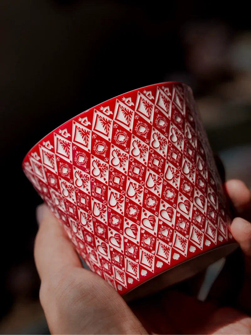 Kilnora LOOFA STUDIO Queen of Fortune underglaze carved porcelain cup with playing card motif