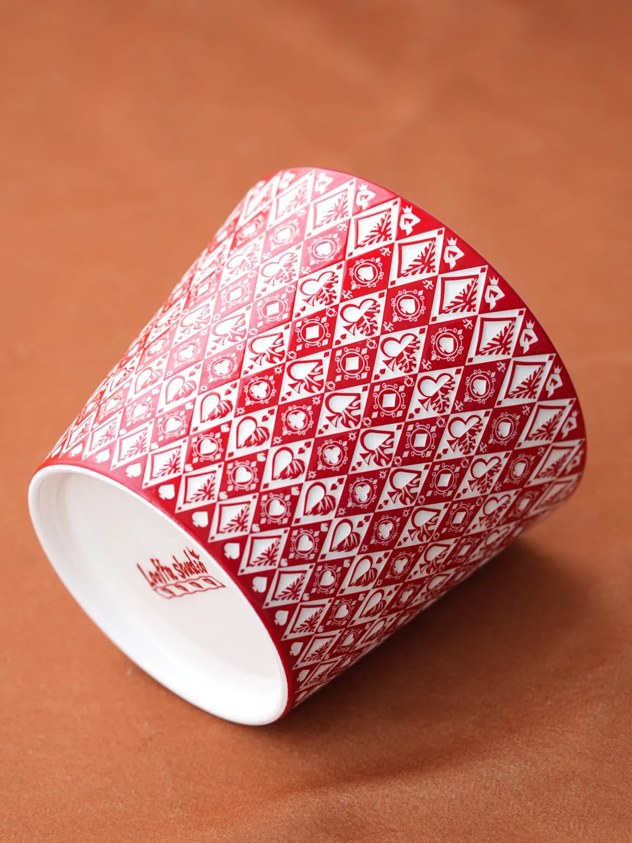Kilnora LOOFA STUDIO Queen of Fortune underglaze carved porcelain cup with playing card motif