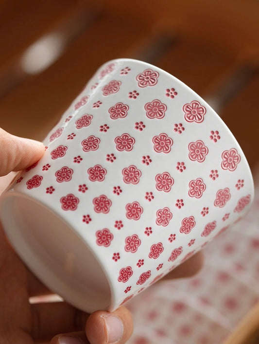 Kilnora LOOFA STUDIO Gradient Pink Plum Blossom carved porcelain cup with soft pink gradient
