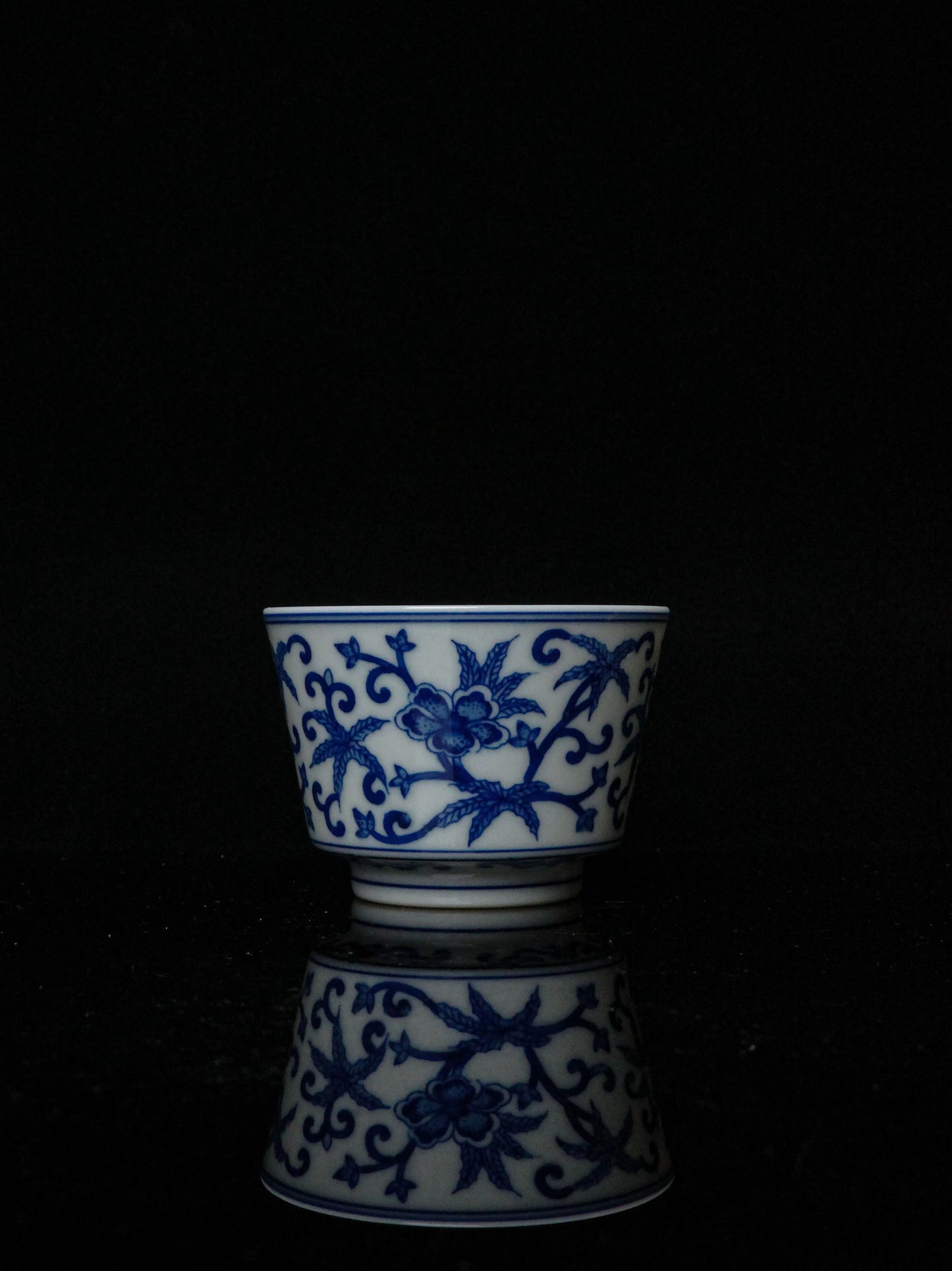 Kilnora Blue-and-White Okra Motif porcelain coffee cup with hand-painted okra design
