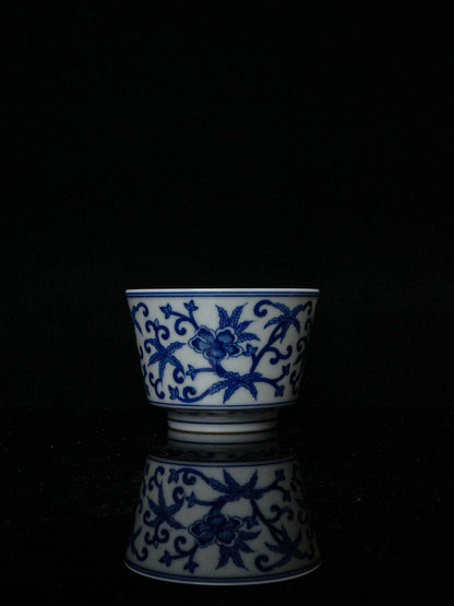 Kilnora Blue-and-White Okra Motif porcelain coffee cup with hand-painted okra design
