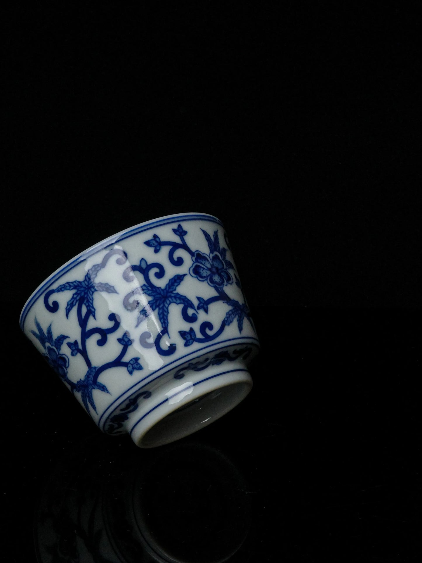 Kilnora Blue-and-White Okra Motif porcelain coffee cup with hand-painted okra design