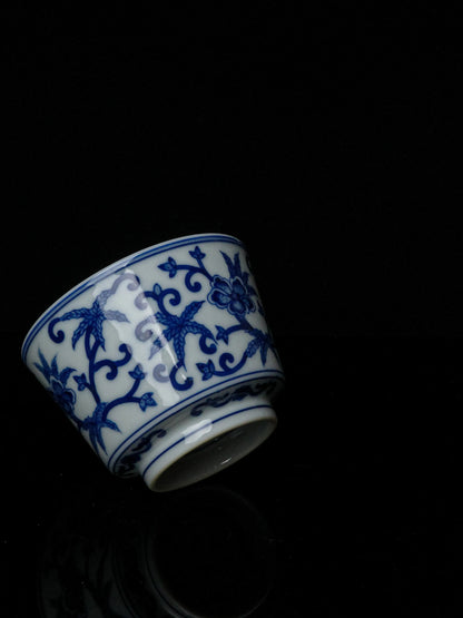 Kilnora Blue-and-White Okra Motif porcelain coffee cup with hand-painted okra design