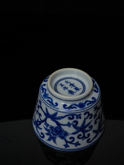 Kilnora Blue-and-White Okra Motif porcelain coffee cup with hand-painted okra design