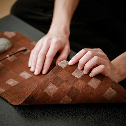 Vintage Chinese Double-Sided Rectangular Tea & Cup Mat (Plaid Weave)