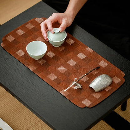 Vintage Chinese Double-Sided Rectangular Tea & Cup Mat (Plaid Weave)