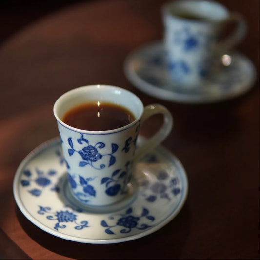 Kilnora Blue-and-White Broken Branch Floral Fruit cup and saucer set with delicate branch and fruit motifs