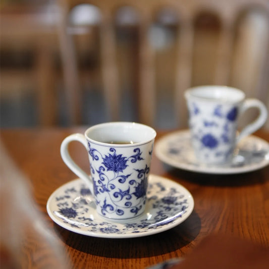 Kilnora Blue-and-White Entwined Lotus porcelain cup and saucer set with entwined lotus petal pattern