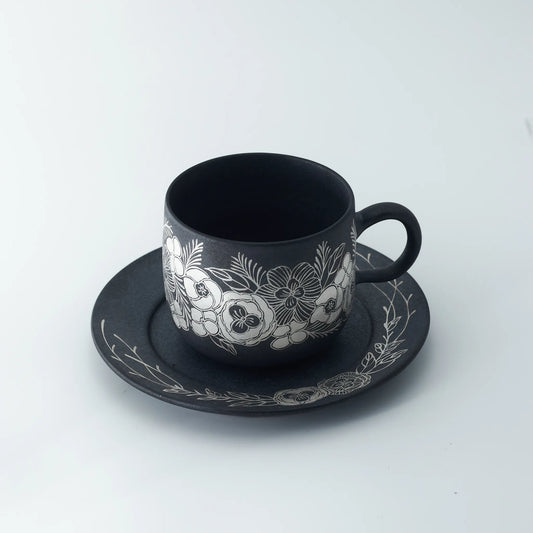 Kilnora Aokawa Chihiro Silver Camellia porcelain cup and saucer set with silver camellia motif