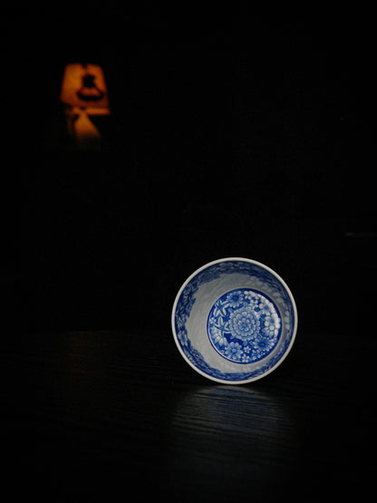 Kilnora Blue-and-White Myriad Flowers porcelain coffee cup featuring intricate floral pattern