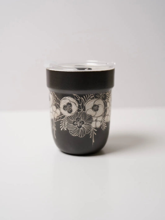 Kilnora Aokawa Chihiro Silver Camellia travel porcelain cup with silver camellia accents