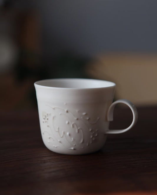 Kilnora Sōng Dandelion Series matte white handled coffee cup featuring custom slip decoration and soft matte finish