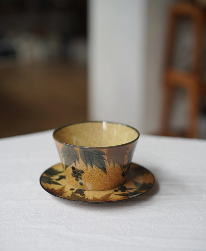 Kilnora Shisō cup and saucer set with blue-and-white grape Chyongku porcelain design