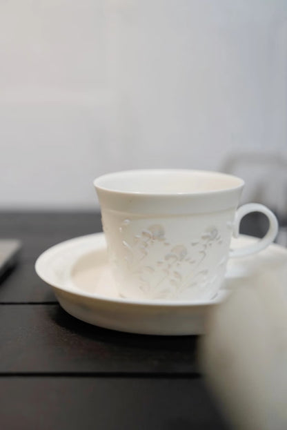 Kilnora Sōng Dandelion Series matte white handled coffee cup featuring custom slip decoration and soft matte finish