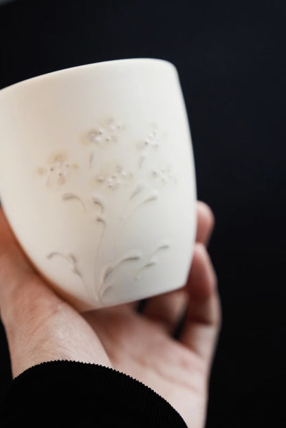 Kilnora Sōng Dandelion Series matte white ceramic cup showcasing delicate relief and minimalist design