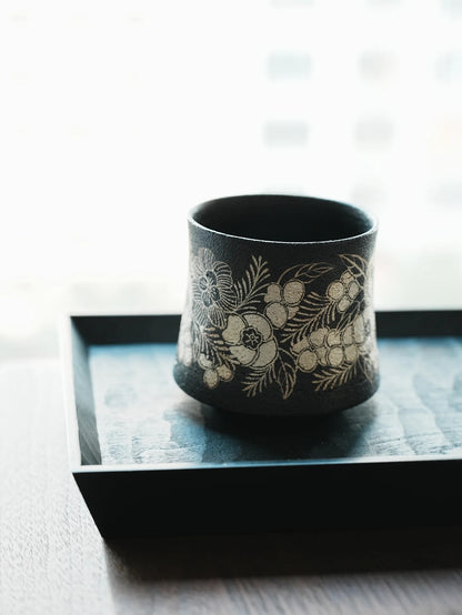 Kilnora Aokawa Chihiro Camellia porcelain cup with silver inlay camellia motif