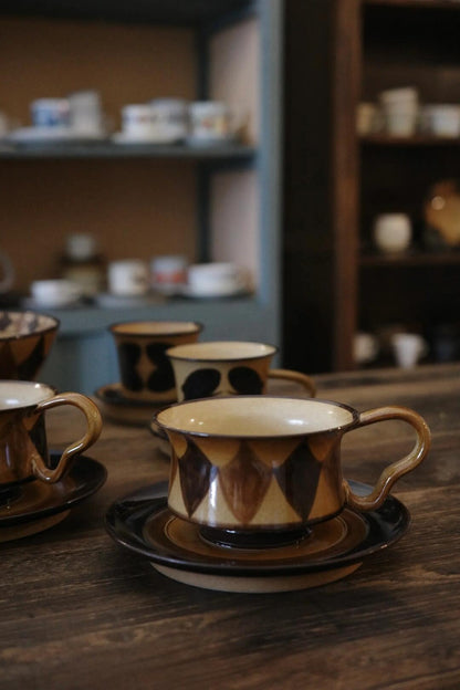 Kilnora Shisō Caramel Diamond porcelain cup and saucer set with carved diamond pattern