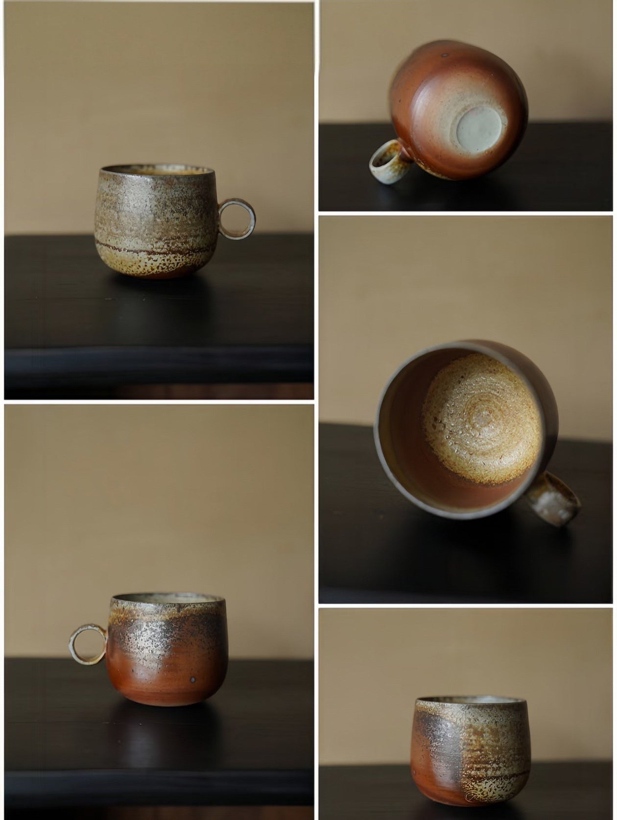 Kilnora Kyūshō Wabi-Sabi No. 9 wood-fired mug with natural flame marks and tactile ash glaze.