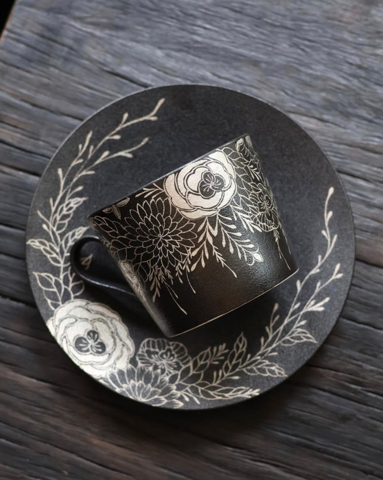 Kilnora Aokawa Chihiro Silver Blossom porcelain cup and saucer set adorned with silver blossom design