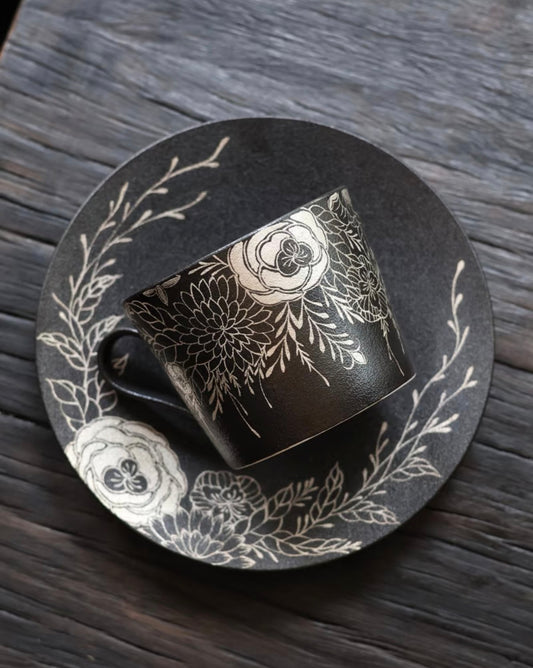 Kilnora Aokawa Chihiro Silver Blossom porcelain cup and saucer set adorned with silver blossom design