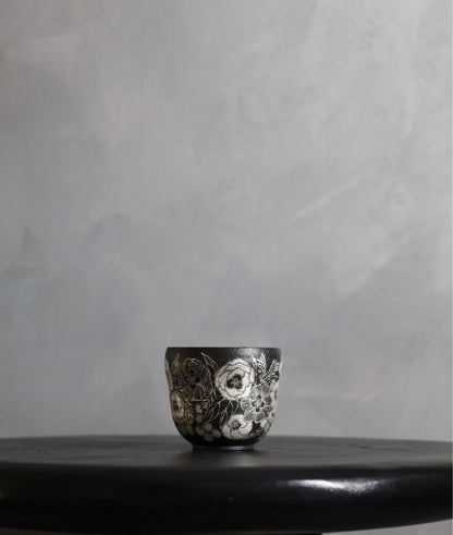 Kilnora Aokawa Chihiro Camellia porcelain cup with silver inlay camellia motif