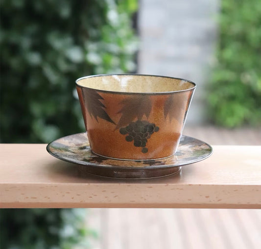 Kilnora Shisō cup and saucer set with blue-and-white grape Chyongku porcelain design