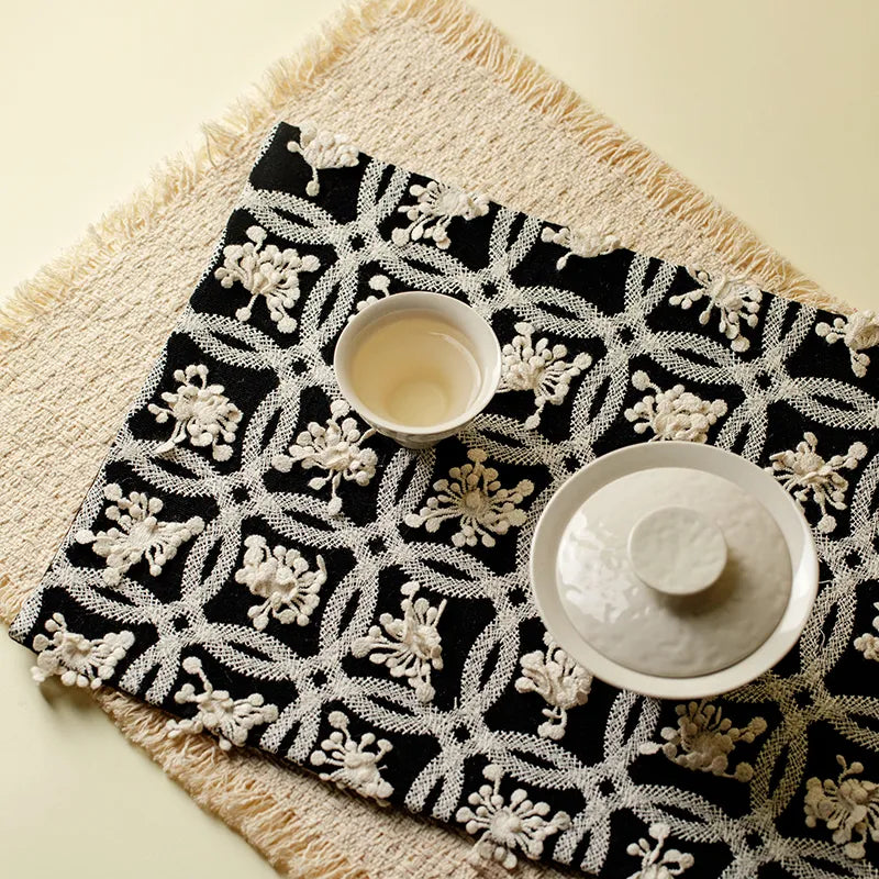 Japanese-Inspired 3D Embroidered Sea Anemone Ramie Tassel Tea & Cup Mat (Heat-Resistant Table Mat)